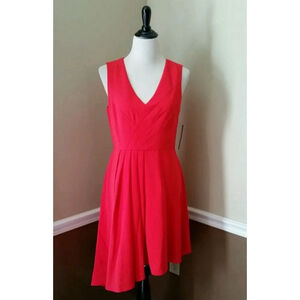 Red V-Neck Pleated Asymmetric Hem ModCloth Dress by Brand Ivy + Blu Summer Party